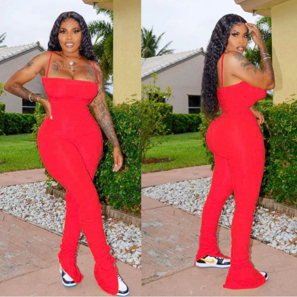 Sexy Red spaghetti strapped Jumpsuit with stacked ruching legs NWOT